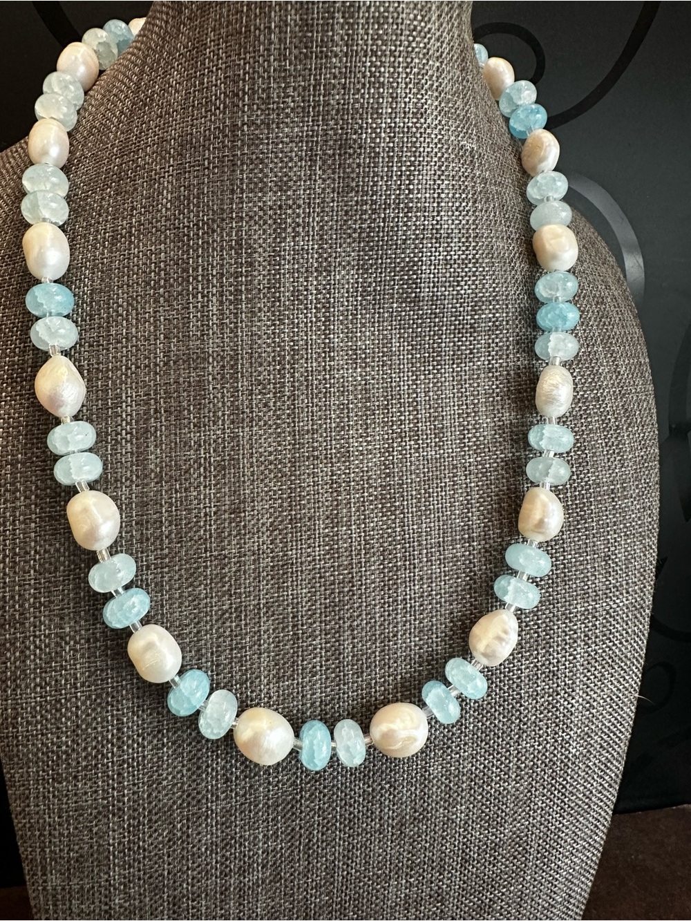 Pearl and Quartz Bead Necklace - Light Blue & Cream
